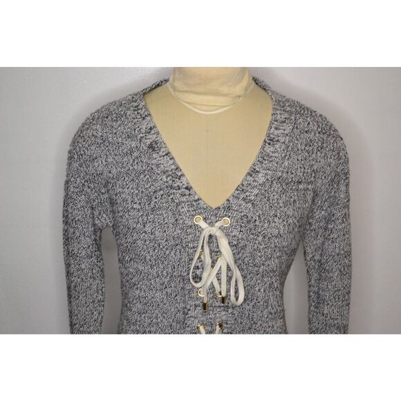 Guess Women's Large Grey V Neck Long Sleeve Lace Up Sweater - Picture 2 of 12